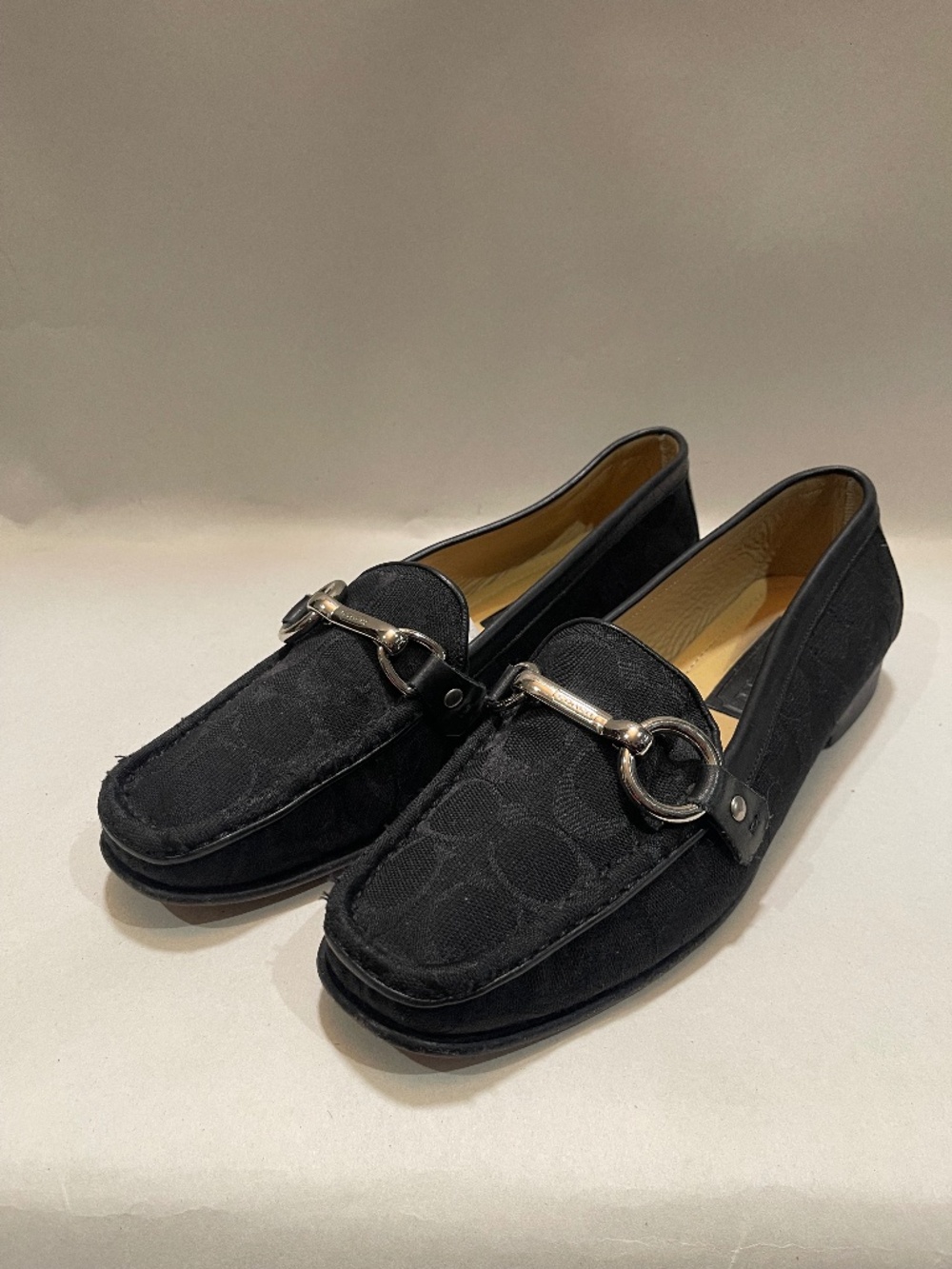 Coach Black Signature Loafers with C logos, silver buckle, women's US 9